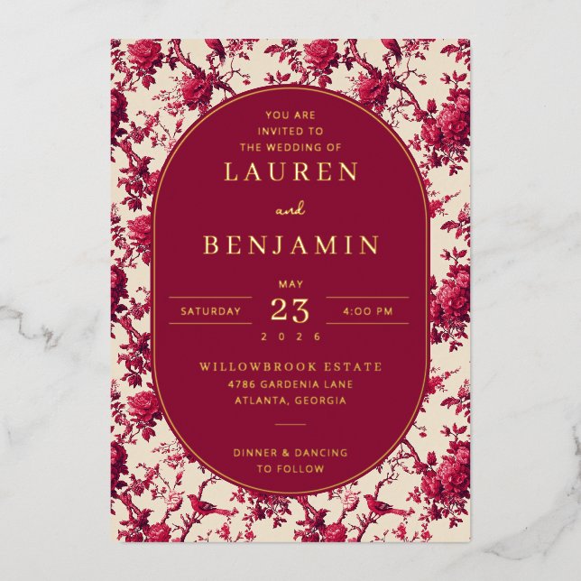 Lavish Crimson Blooms Wedding Foil Invitation (Front)