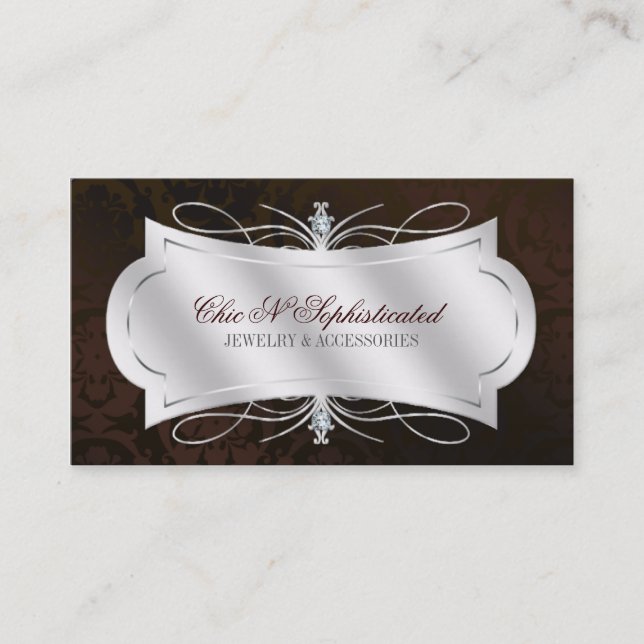 Lavish Dark Chocolate Diamond Damask Swirl Business Card (Front)