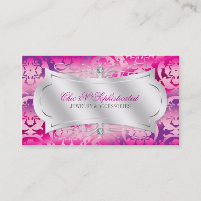 Lavish Fuchsia Lavender Diamond Damask Swirl Business Card (Front)