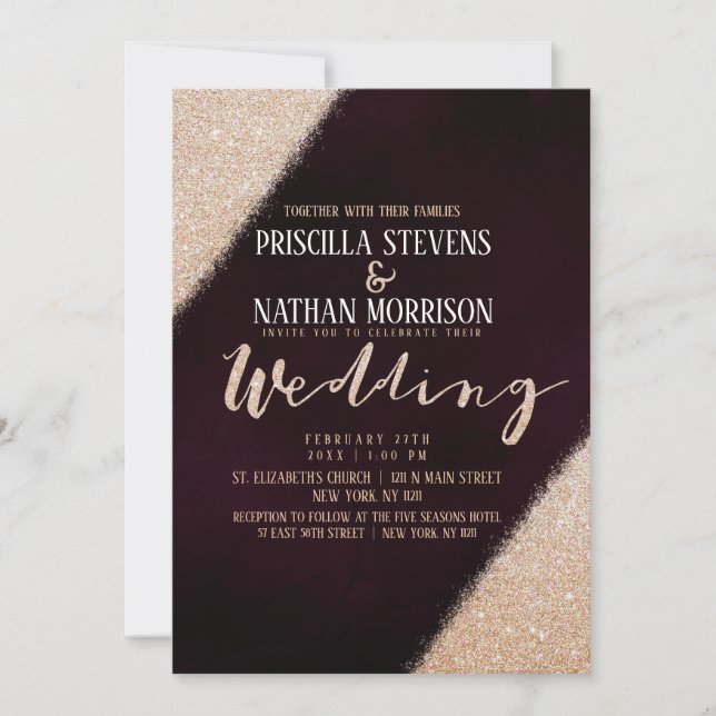 Lavish Gold Glitter Burgundy Watercolor Wedding Invitation (Front)