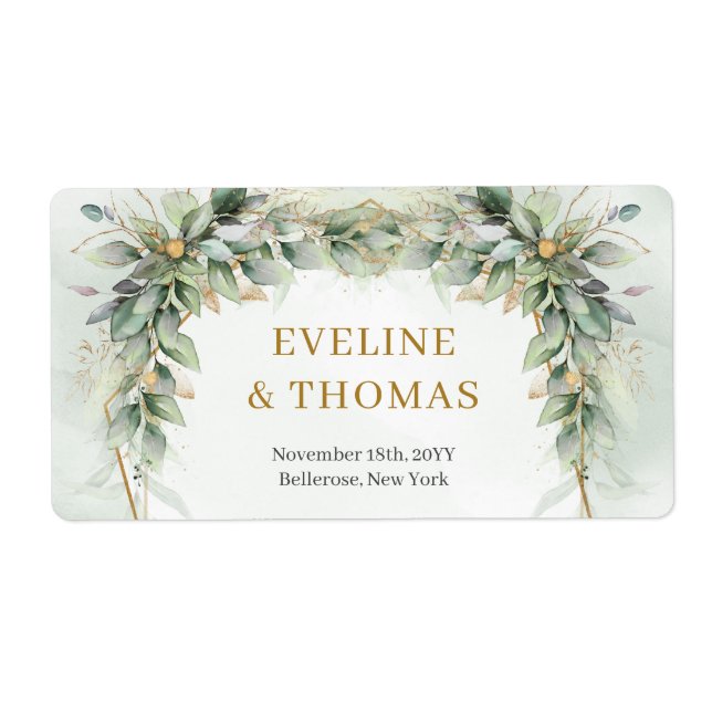 Lavish greenery foliage gold frame wedding label (Front)