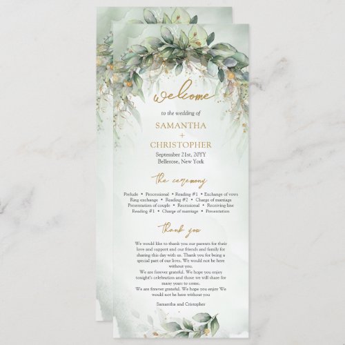 Lavish greenery foliage gold frame wedding program