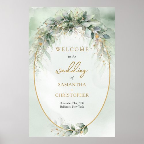 Lavish greenery foliage gold frame wedding Welcome Poster