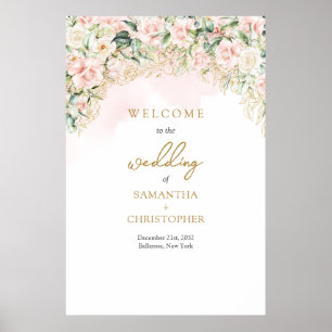 Lavish light pink roses gold green wedding Welcome Poster