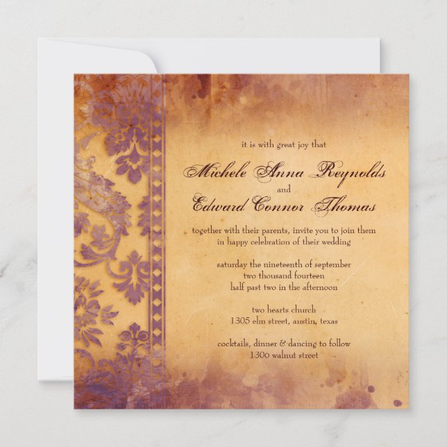 Lavish Lilac Grunge Damask Lace Wedding Invitation (Front)