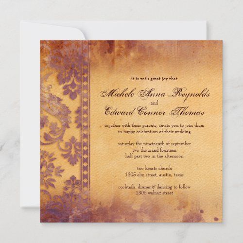 Lavish Lilac Grunge Damask Lace Wedding Invite