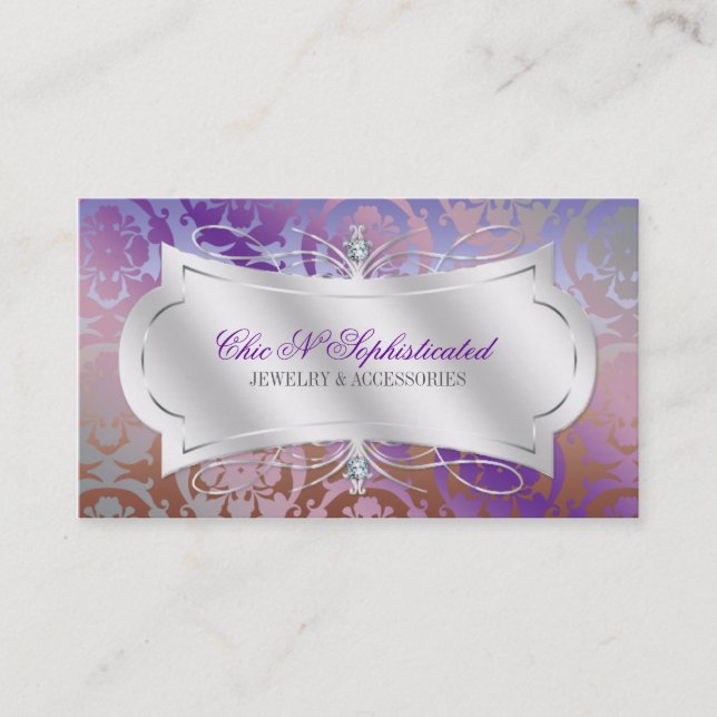 Lavish Mocha Lavender Diamond Damask Swirl Business Card (Front)