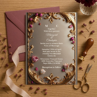 Lavish Mulberry Tulip Gold Baroque Opulent Wedding Invitation