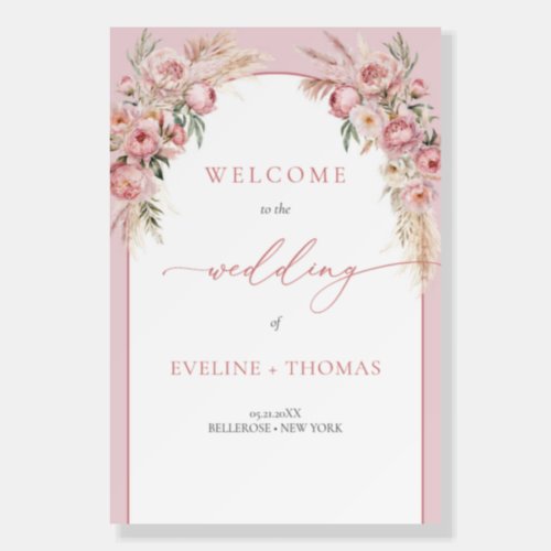 Lavish peonies bouquet pampas arch welcome sign