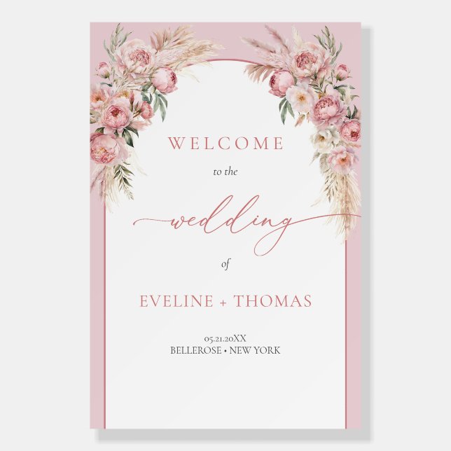 Lavish peonies bouquet pampas arch welcome sign (Front)