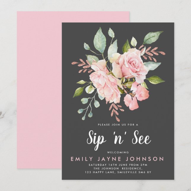 Lavish Pink Roses & Glitter Sip and See Invitation (Front/Back)