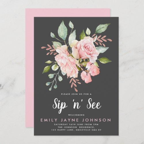 Lavish Pink Roses  Glitter Sip and See Invitation