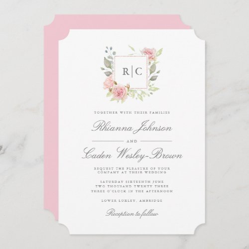 Lavish Pink Roses Monogram Frame Wedding Invitation