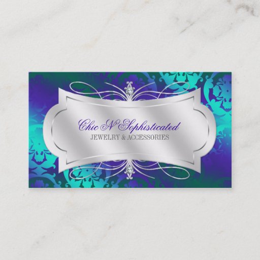Customizable Lavish Purple Turquoise Diamond Damask Swirl Business Card Template