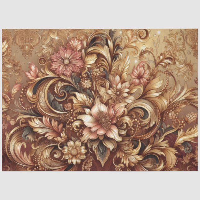 Lavish Rose Gold Baroque Floral Decoupage Tissue Paper (Front)