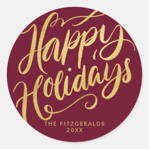 Lavish Script Happy Holidays Red & Faux Gold Classic Round Sticker