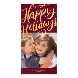 Lavish Script Happy Holidays Red & Gold Photo Card