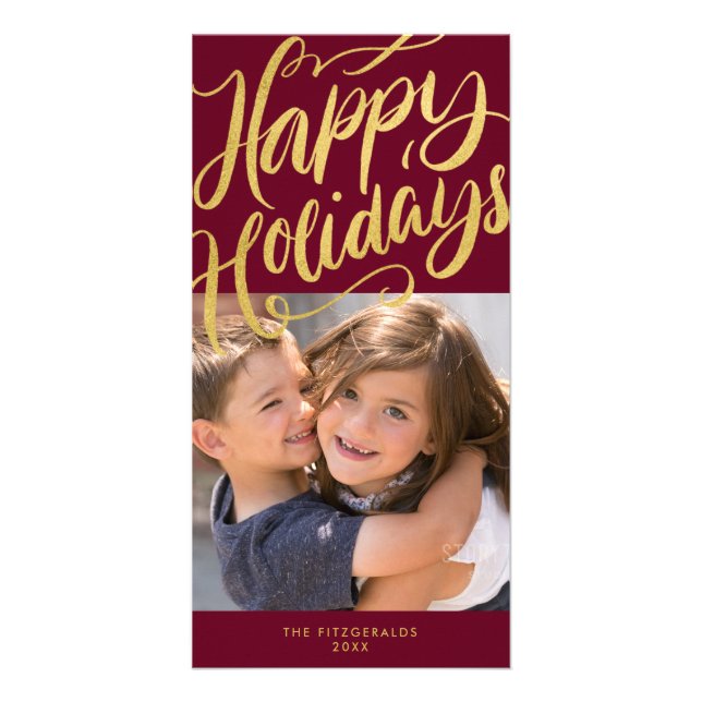 Lavish Script Happy Holidays Red & Gold Photo Card (Front)