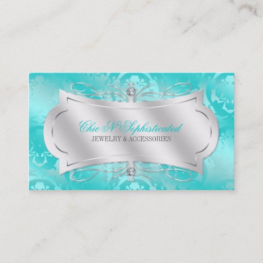 Customizable Lavish Teal Diamond Damask Swirl Business Card