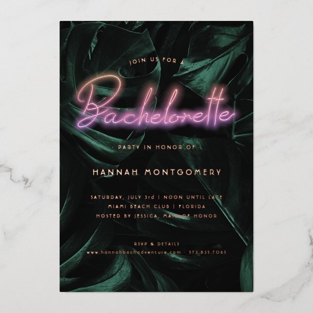 Lavish Tropical Palms | Neon Lights Bachelorette  Foil Invitation (Front)