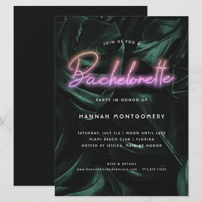 Lavish Tropical Palms | Neon Lights Bachelorette Invitation (Front/Back)