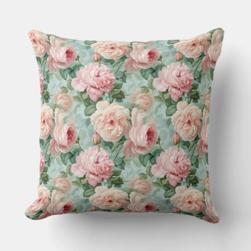 Lavish Vintage shabby chic dusty pink French roses Throw Pillow