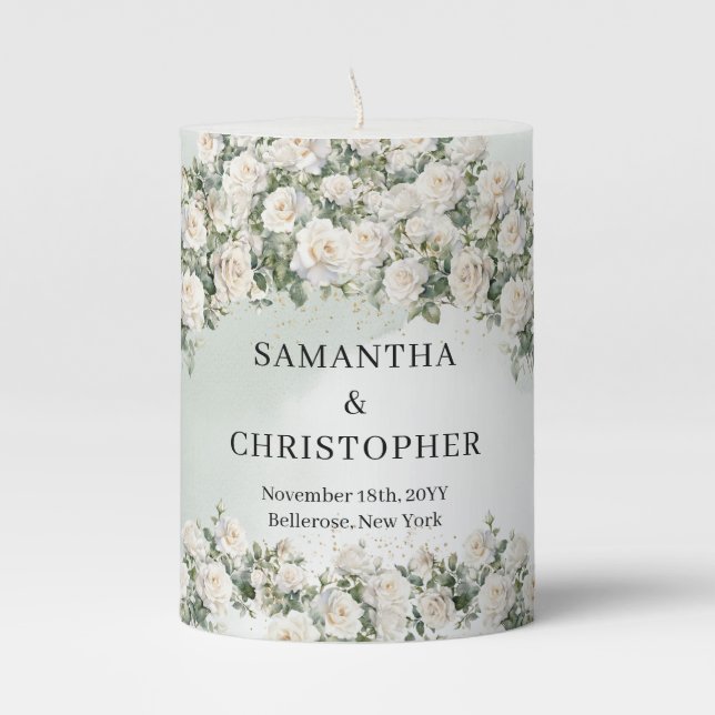 Lavish white roses bouquet greenery & gold wedding pillar candle (Front)