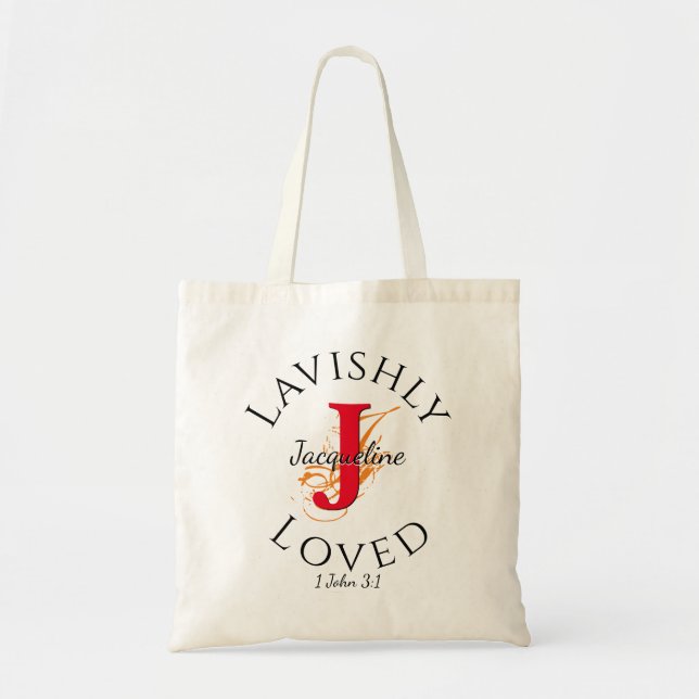 LAVISHLY LOVED Personalized Monogram Red J Tote Bag (Front)