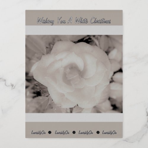 Lavishly On White Christmas Frosted Rose Editable Foil Holiday Postcard