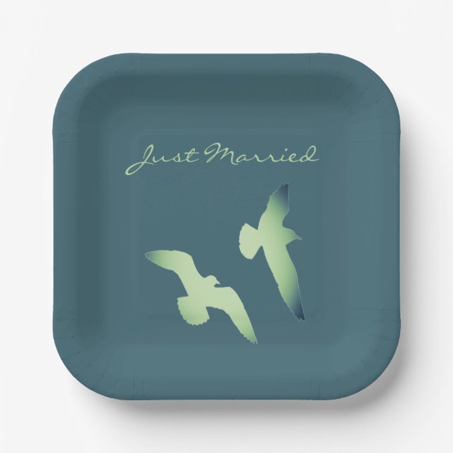 LavishlyOn Elegant Script Just Married Seagulls Paper Plates (Front)
