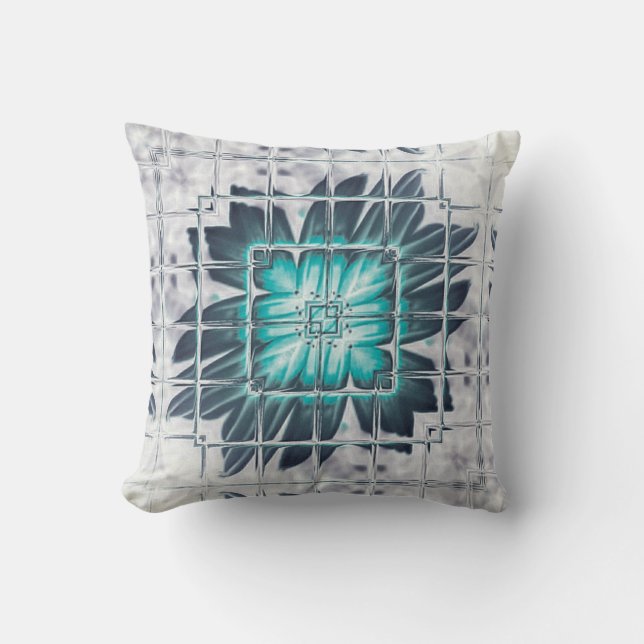 LavishlyOn Teal Grey Etched Floral Leaf Burst Throw Pillow (Front)