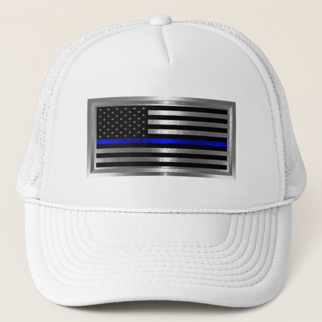 Law Enforcement American Flag Blue Stripe Trucker Hat (Front)