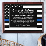 Law Enforcement Custom Police Officer Retirement Award Plaque<br><div class="desc">Celebrate and show your appreciation to an outstanding Police Officer with this Thin Blue Line Award - American flag design in Police Flag colors , modern black blue design. Personalize this police retirement award with officers name, text with law enforcement department name and community, and date of retirement. Perfect of...</div>