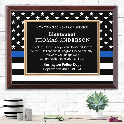 Law Enforcement Custom Retirement Thin Blue Line Award Plaque