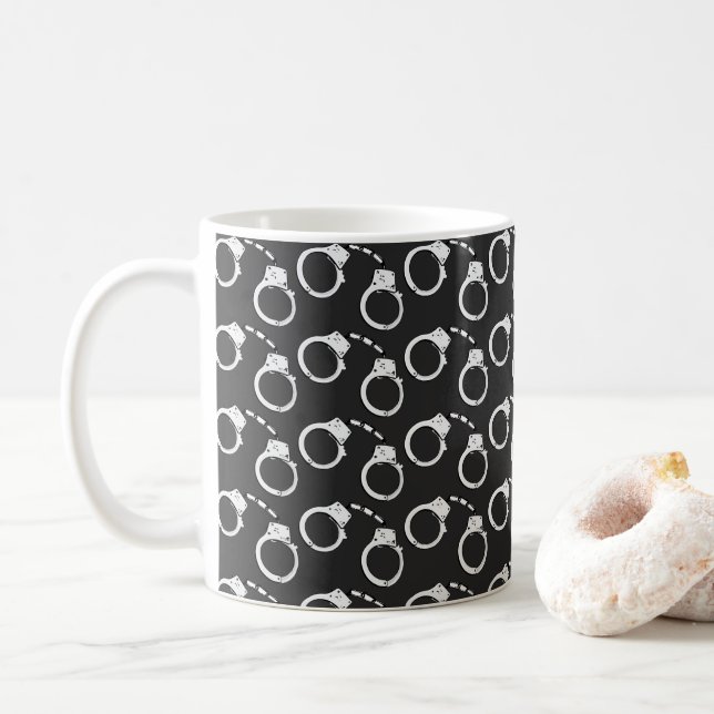 Law Enforcement Officer Handcuffs on Black Coffee Mug (With Donut)