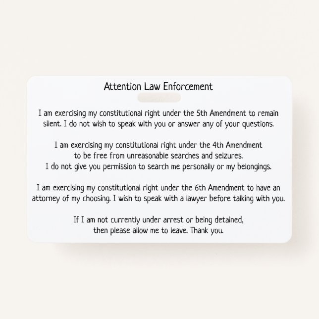 Law Enforcement Patrol Stop Know Your Rights Card Badge (Front)