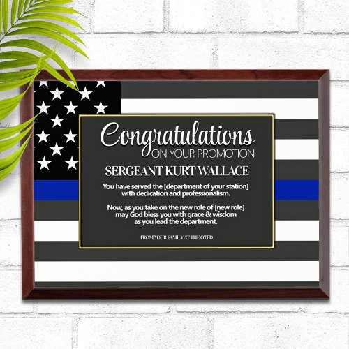 Law Enforcement Promotion Thin Blue Line Award Plaque