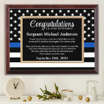 Law Enforcement Retirement Custom Thin Blue Line Award Plaque<br><div class="desc">Celebrate and show your appreciation to an outstanding Police Officer with this Thin Blue Line Award - American flag design in Police Flag colors , modern black blue design. Personalize this police retirement award with officers name, text with law enforcement department name and community, and date of retirement. Perfect of...</div>