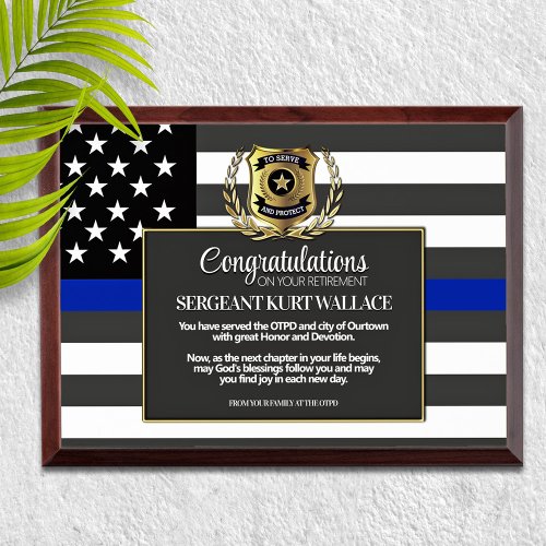Law Enforcement Retirement Thin Blue Line Award Plaque