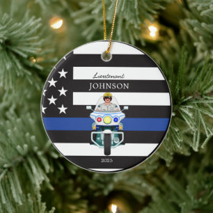 Law Enforcement Thin Blue Line Motorcycle Ceramic Ornament