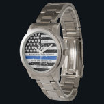 Law Enforcement Thin Blue Line Police Retirement Watch<br><div class="desc">Celebrate and show your appreciation to an outstanding Police Officer with this Thin Blue Line Police Retirement Watch - American flag design in Police Flag colors, distressed design . Perfect for police anniversary gifts, police retirement gifts and service awards . Personalize this police retirement watch with name and badge #...</div>