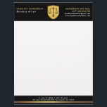 Law Firm Elegant Gold And Black Letterhead<br><div class="desc">Elegant professional Law Firm Letterhead featuring law logo in gold on a black background. Personalize with your details in trendy block lettering. Click customize further to edit this template. All text can be customized.</div>