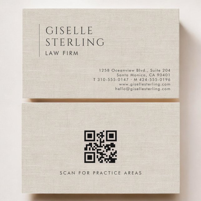 Law Firm Luxury Neutral Linen QR Code Business Card (Creator Uploaded)