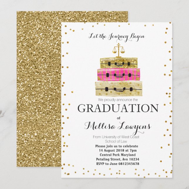 Law Graduation Party Invitation Pink Gold confetti (Front/Back)