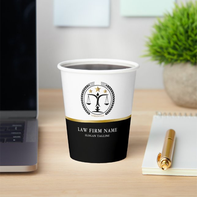 Law Justice Logo Black White Gold Paper Cups (Insitu)
