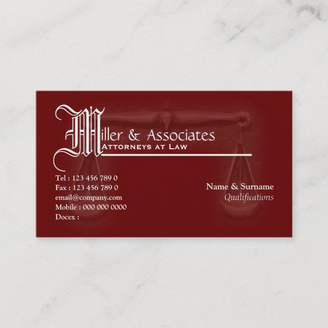 Law legal attorney advocate burgundy business card (Front)