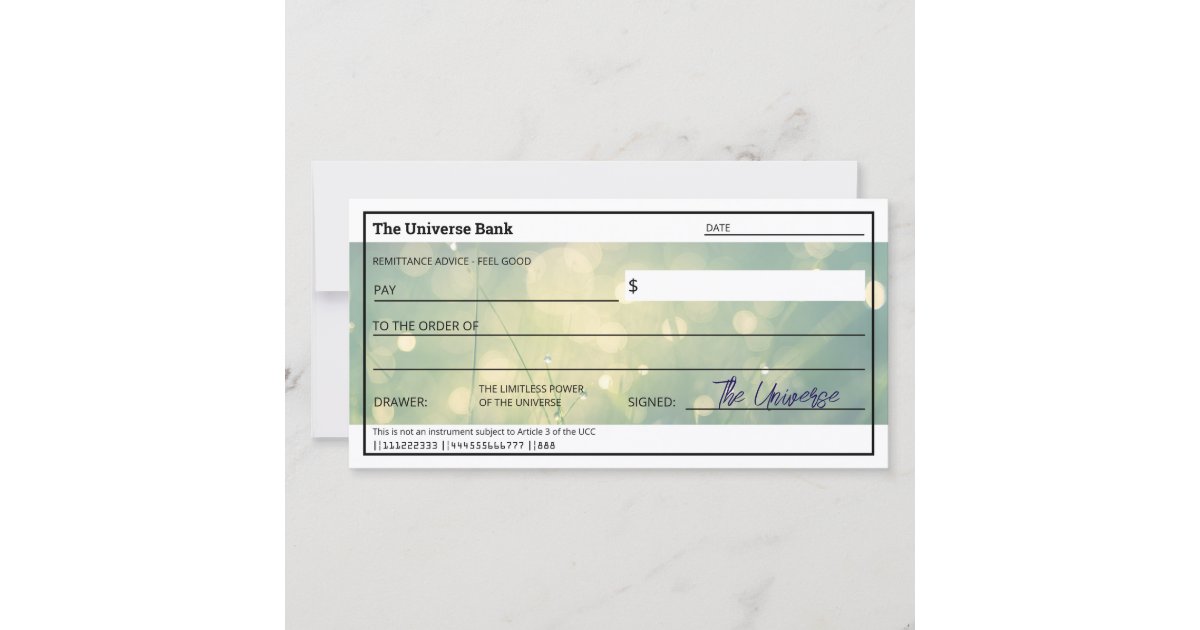 Law of Attraction Green Abundance Cheque Flat Card | Zazzle