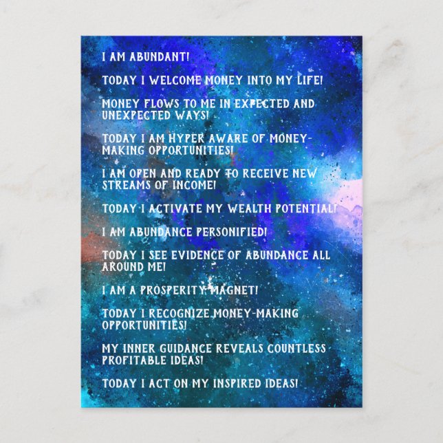 Law of Attraction Money Manifestations Affirmation Postcard (Front)