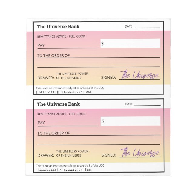 Law of Attraction Pink Gradient Blank Checks Notepad (Front)