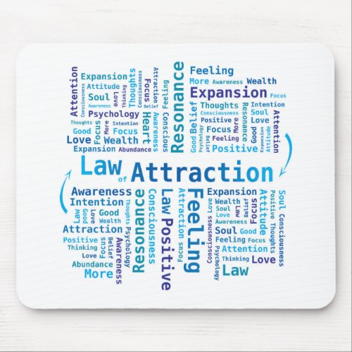 Law of Attraction Word Cloud Tag in Blue Colors Mouse Pad